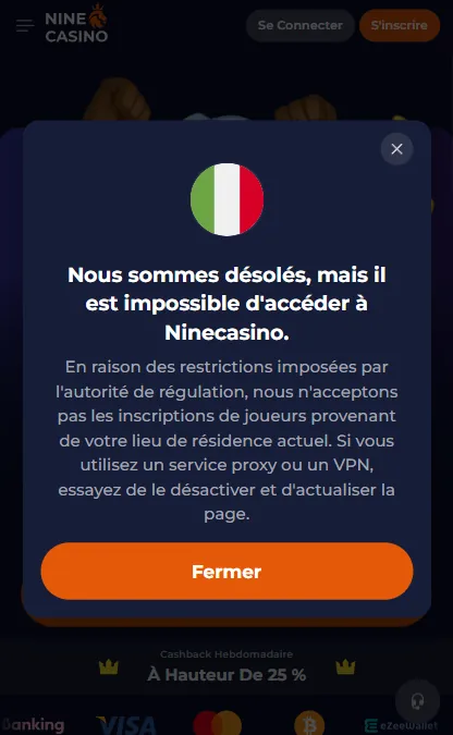 impossible d'accéder à Ninecasino.